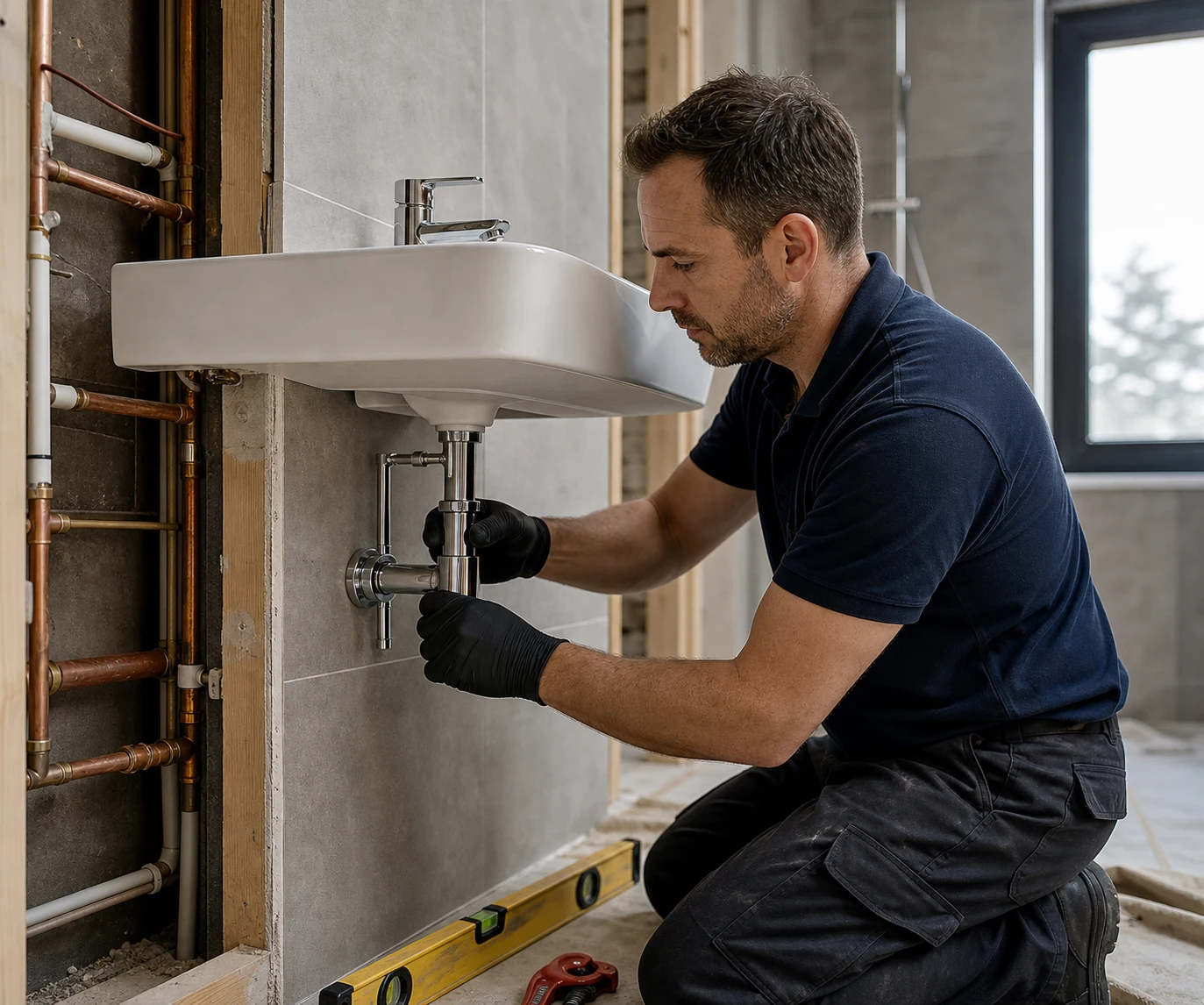 Alder & Flow plumber fitting basin pipework during a bathroom installation
