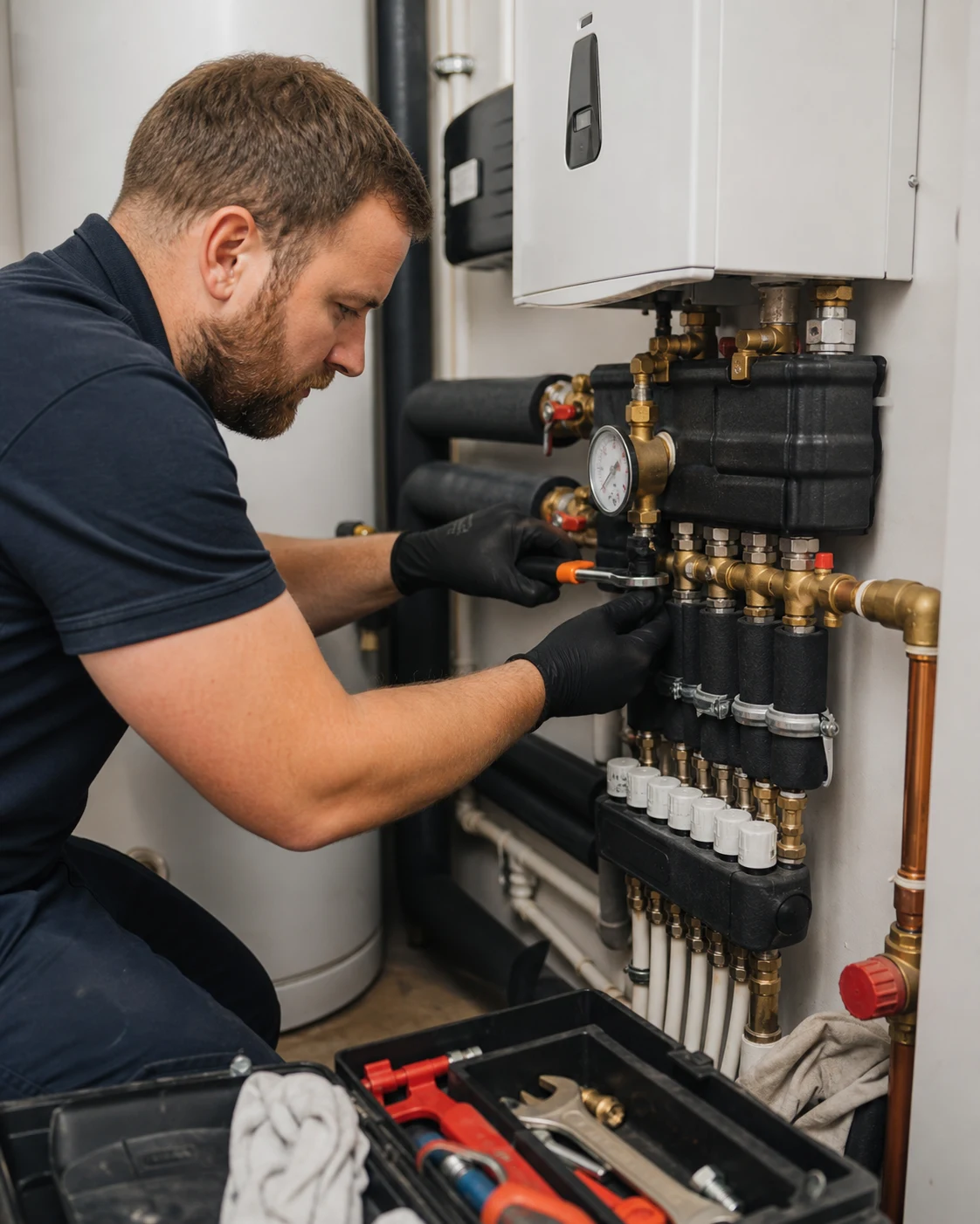 Technician servicing a home heating system