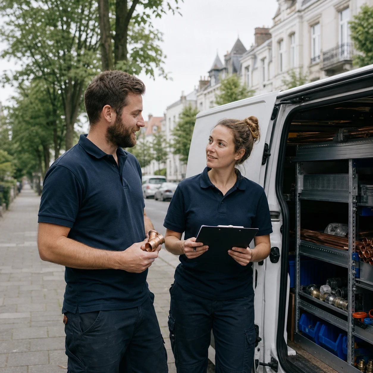 The Alder & Flow team with their van on a Brussels street